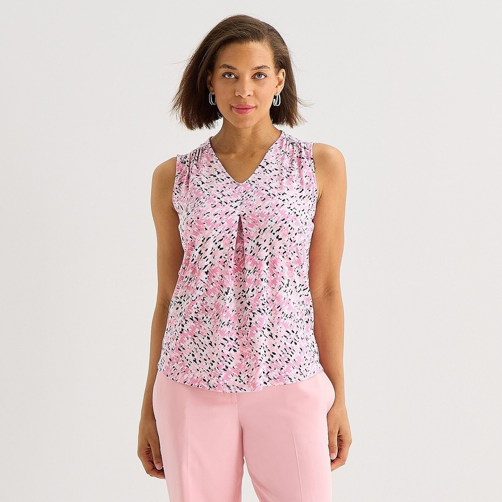 MSRP $44 Black Label by Evan-Picone Womens S Powder Pink Multi Blouse V Neck